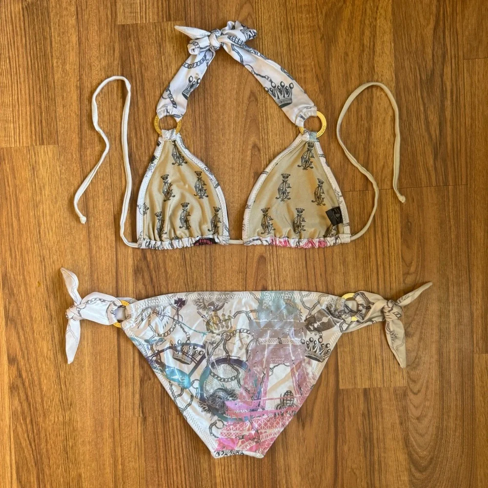 CHRISTIAN AUDIGIER Ed Hardy Vintage Y2K White Pink Blue Paris Bike Bikini Set - Picture 7 of 15